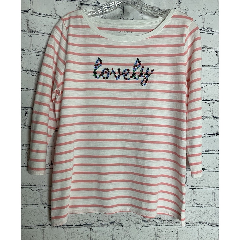 Talbots MP Pink White Striped Floral Embroidered "Lovely" 3/4 Sleeve Coastal Top